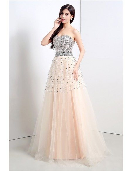Strapless Long Bisque Prom Dress Corset Back With Shiny Sequins