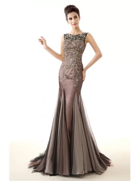 Unique Brown Fitted Prom Dress Sleeveness With Sparkly Beading