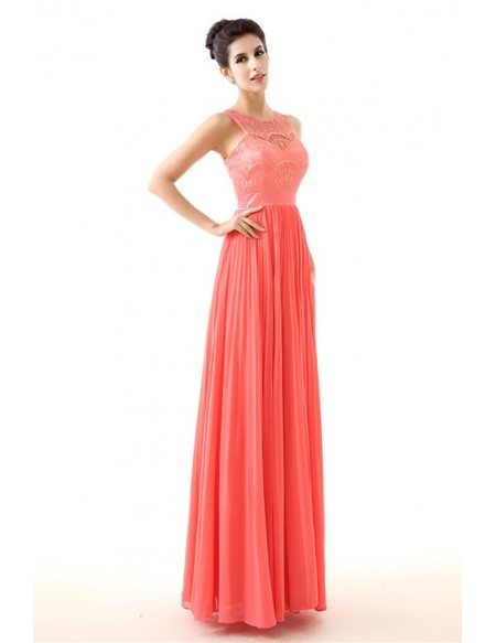 Flowy Chiffon A Line Watermelon Prom Dress With Lace Top