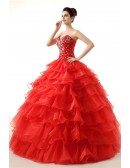 Cheap Red Ball Gown Formal Dress Tiered With Beading For Teens