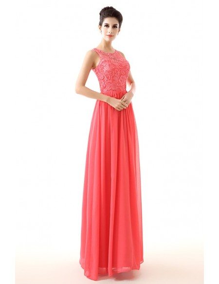 Flowing Chiffon A Line Formal Dress Watermelon With Lace Top