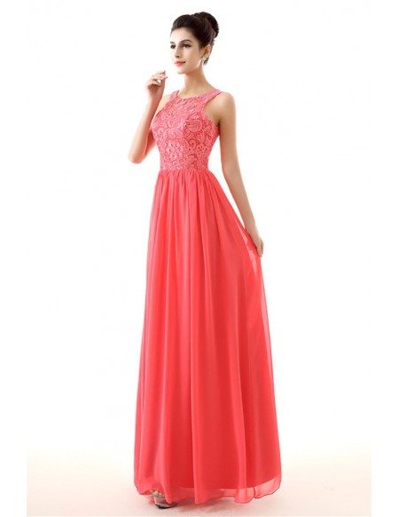 Flowing Chiffon A Line Formal Dress Watermelon With Lace Top