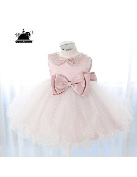 Cute Big Bow Pink Tutus Flower Girl Dress Dance Performance Pageant Gown