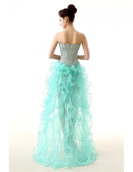 Unique High Low Ruffled Teal Prom Dress Sexy With Lace Bodice