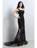 Sexy Black Sheer Tulle Lace Prom Dress With One Shoulder Strap