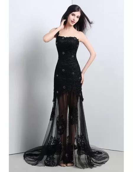 Sexy Black Sheer Tulle Lace Prom Dress With One Shoulder Strap