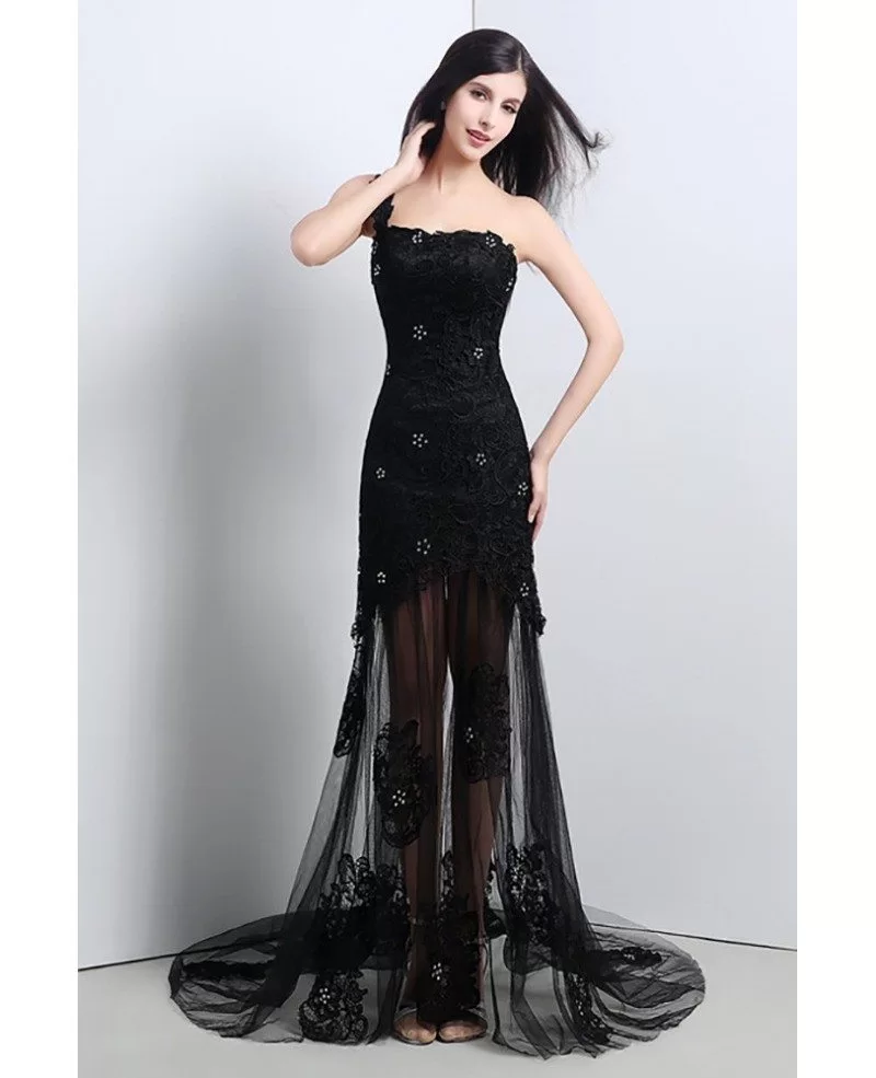 Sexy Black Sheer Tulle Lace Prom Dress With One Shoulder Strap H
