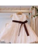 White Lace Classic Flower Girl Dress With Burgundy Sash For Formal