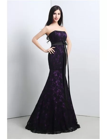 Strapless Trumpet Fitted Formal Dress All Lace Black And Purple