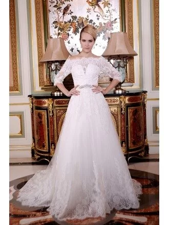 A-Line Off-the-Shoulder Court Train Tulle Wedding Dress With Beading Appliquer Lace