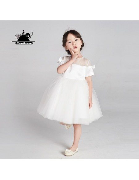 Couture White Tulle Short Flower Girl Dress With Sleeves And Bows