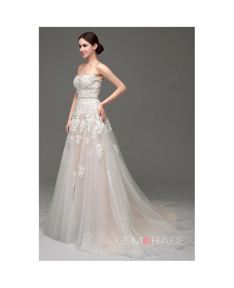 A-line Sweetheart Court Train Wedding Dress #C32238 $158 - GemGrace.com