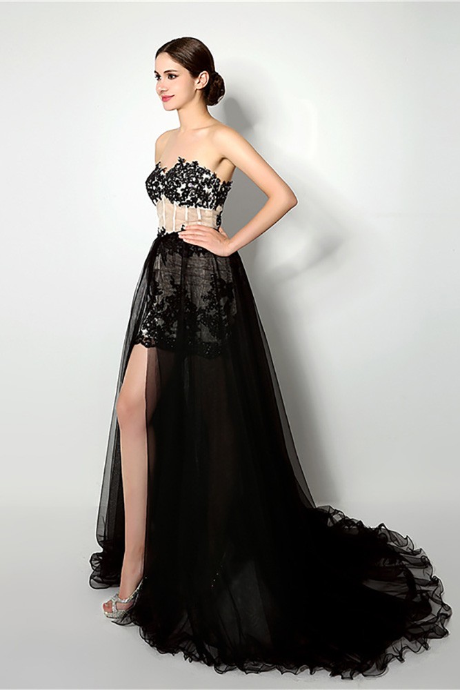 chinese dress ladies White Satin Mermaid Long Prom Dresses with Black Lace PL523 main image 0