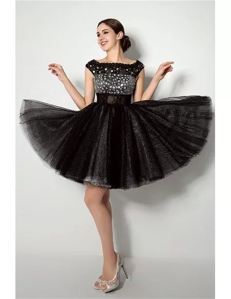 Cheap Sparkly Cocktail Black Homecoming Dress With Cap Straps