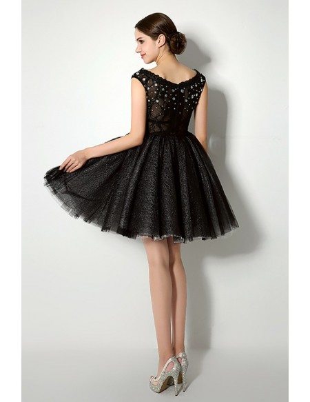 Cheap Sparkly Cocktail Black Homecoming Dress With Cap Straps