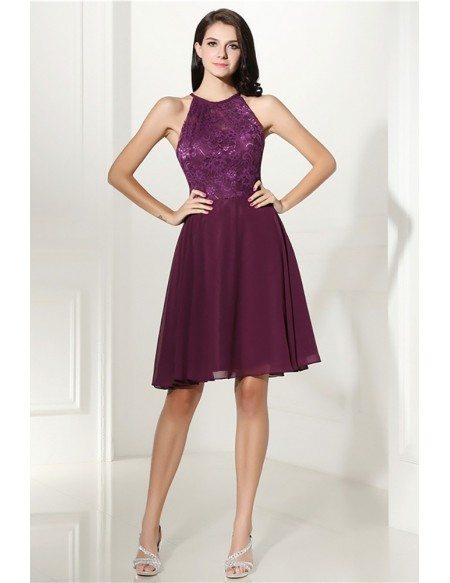 Cheap Purple Short Halter Prom Dress With Lace Bodice For Graduation