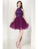 Grey Cocktail Halter Prom Dress With Beading Top For Homecoming