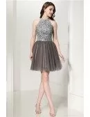 Grey Cocktail Halter Prom Dress With Beading Top For Homecoming