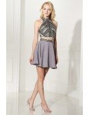 Unique 2 Piece Grey Prom Dress Halter With Crystal Crop Top