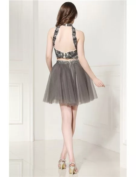 Sparkly 2 Piece Grey Short Formal Dress With Halter Crystal Crop Top