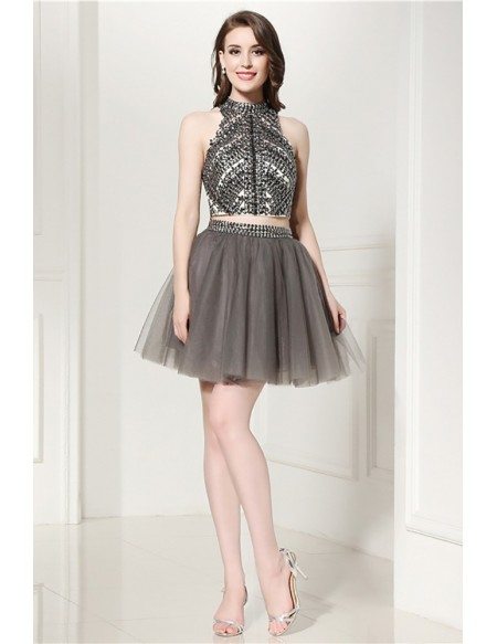 Sparkly 2 Piece Grey Short Formal Dress With Halter Crystal Crop Top