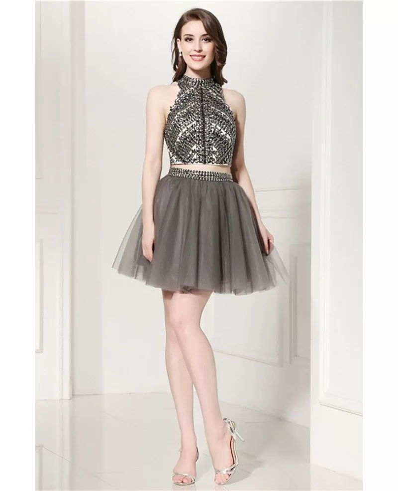Sparkly 2 Piece Grey Short Formal Dress With Halter Crystal Crop Top #H76111 - GemGrace.com
