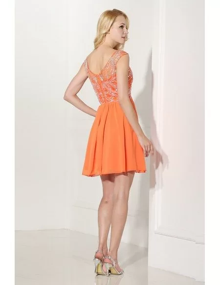 Modest Short Orange Graduation Dress With Beading Bodice