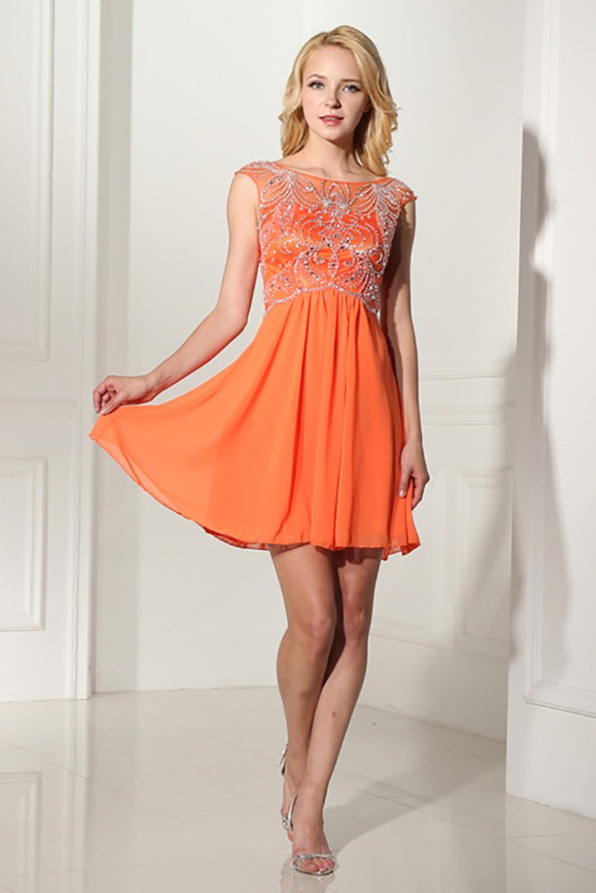Modest Short Orange Graduation Dress With Beading Bodice #H76112 -  GemGrace.com
