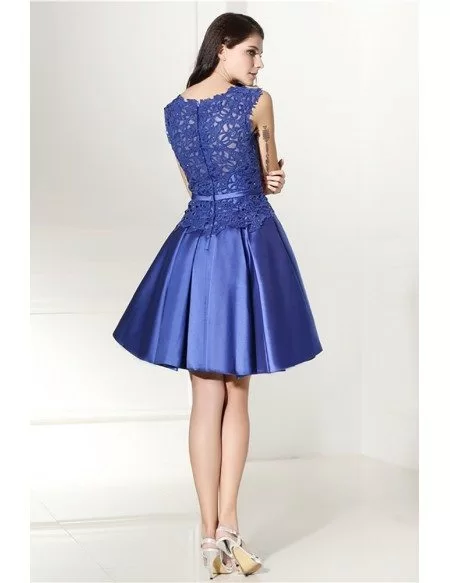 Modest Sleeveless Blue Satin Formal Dress Short With Lace Top