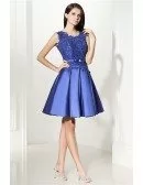 Modest Sleeveless Blue Satin Formal Dress Short With Lace Top