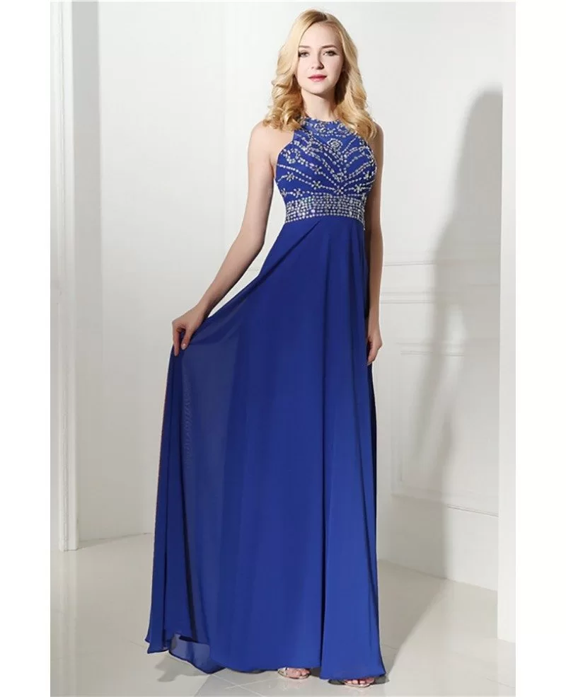 Royal Blue Long Halter Evening Dress Chiffon With Beading Top #H76114 ...