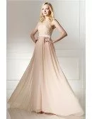Elegant Long Chiffon Champagne Formal Evening Dress With Lace Bodice