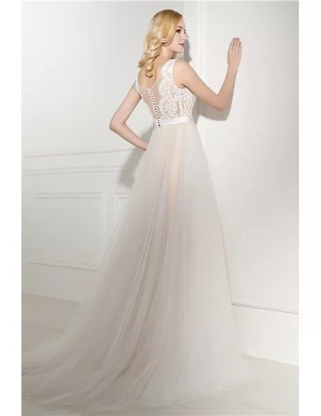 A Line V Neck Nude Formal Evening Dress With Lace For Women