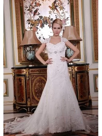 Mermaid Sweetheart Chapel Train Tulle Wedding Dress With Beading Appliquer Lace