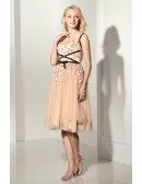 Tea Length Bisque Prom Dress With Flowers Spaghetti Straps