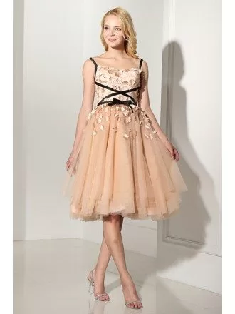 Tea Length Bisque Prom Dress With Flowers Spaghetti Straps