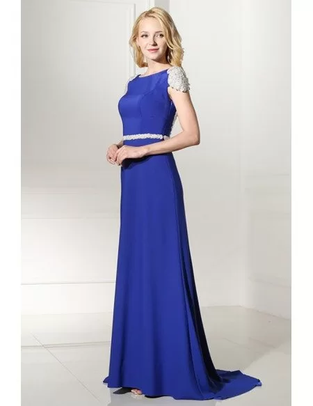 Royal Blue Long Petite Formal Dress With Beading Cap Sleeves