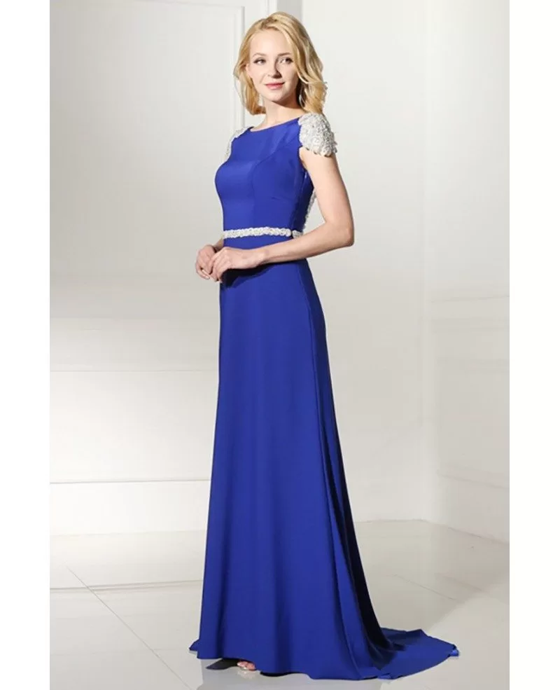 Royal Blue Long Petite Formal Dress With Beading Cap Sleeves #H76122