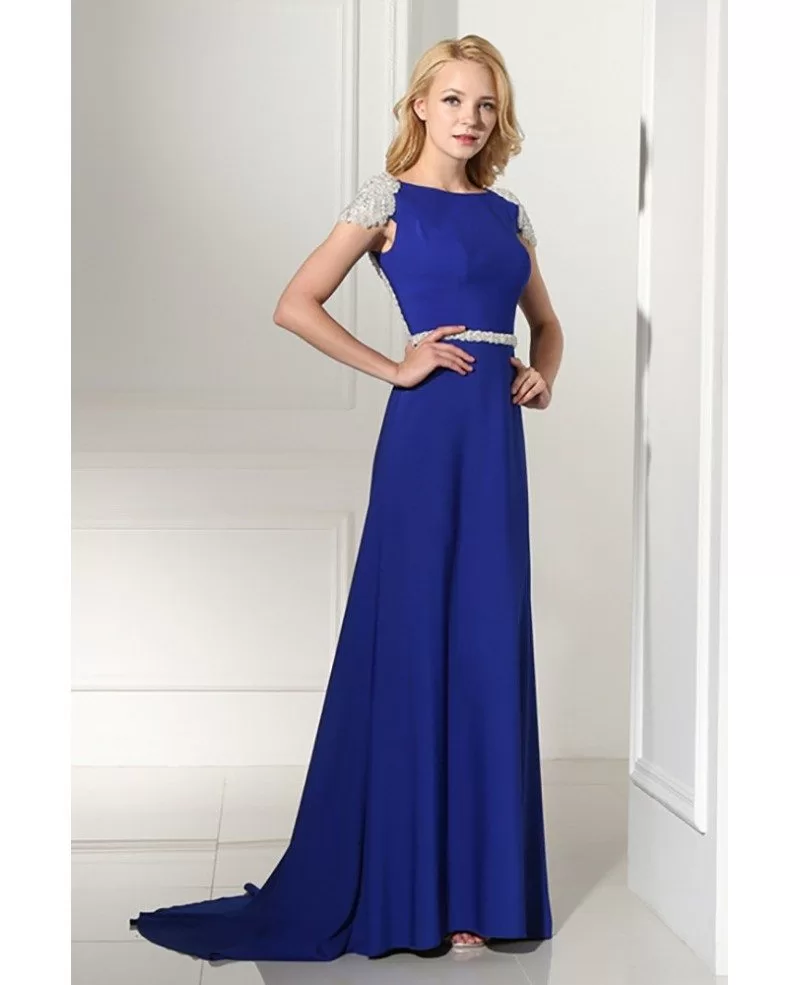 Royal Blue Long Petite Formal Dress With Beading Cap Sleeves #H76122