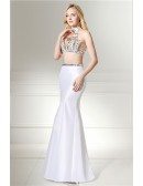 Unique 2 Piece White Semi Formal Dress With Halter Crystal Top