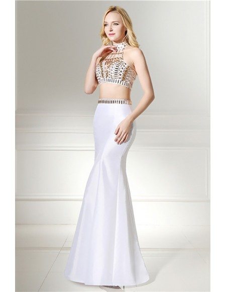 Unique 2 Piece White Semi Formal Dress With Halter Crystal Top #H76124 ...