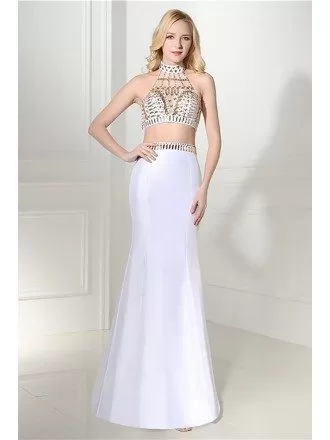 Unique 2 Piece White Semi Formal Dress With Halter Crystal Top