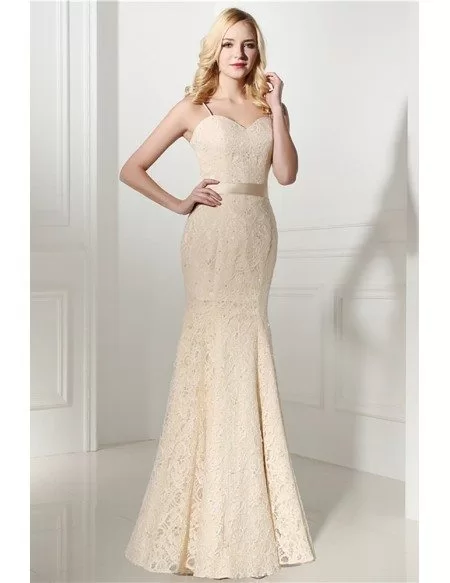 All Lace Bodycon Champagne Formal Evening Dress With Straps
