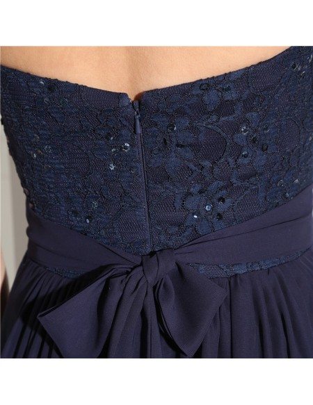 Flowy Chiffon Long Evening Dress Navy Blue With Sweetheart Lace