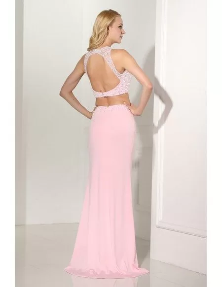 Two Piece Long Slit Evening Dress Pink With Halter Beading Top