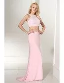 Two Piece Long Slit Evening Dress Pink With Halter Beading Top