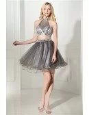 Two Piece Short Halter Prom Dress Grey With Crystal Top