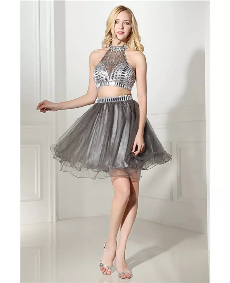 Two Piece Short Halter Prom Dress Grey With Crystal Top H76129
