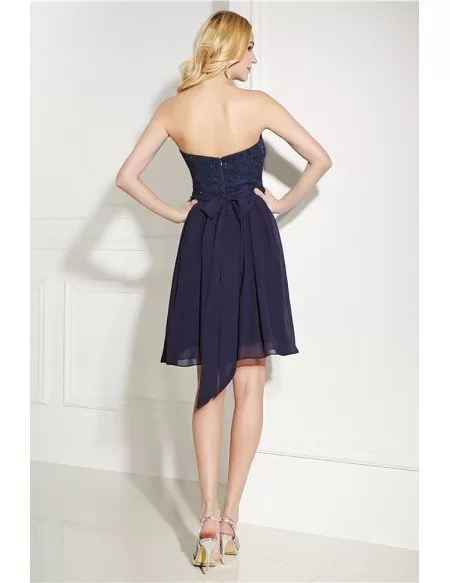 Simple Navy Blue Short Bridesmaid Dress Strapless With Lace