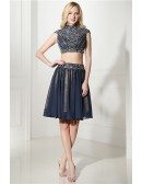 Modest Two Piece Short Prom Dress Navy Blue With Beading Top